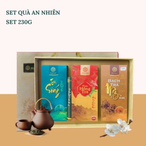 Sét quà: Tết An Nhiên (Trà Sống 100g + Thảo hồng trà túi lọc 80g + Bạch Trà Mây hộp 50g )